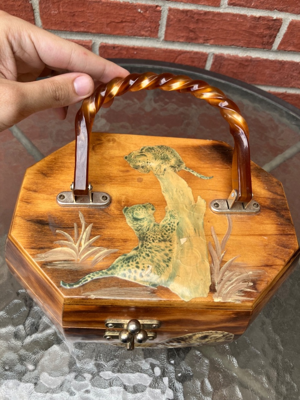 Vtg Anton Pieck Octagon Purse w Lucite Handle MCM Wooden Decoupage Handbag Tiger - Picture 2 of 11